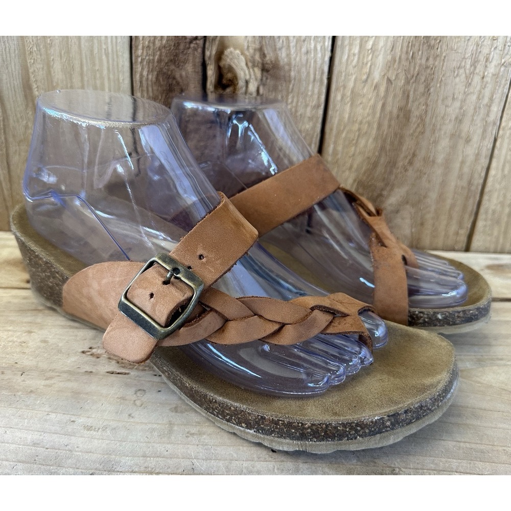 Mila Paoli Sandals Brown braided Leather Wedge Women's 9 Cork Wedges BOHO